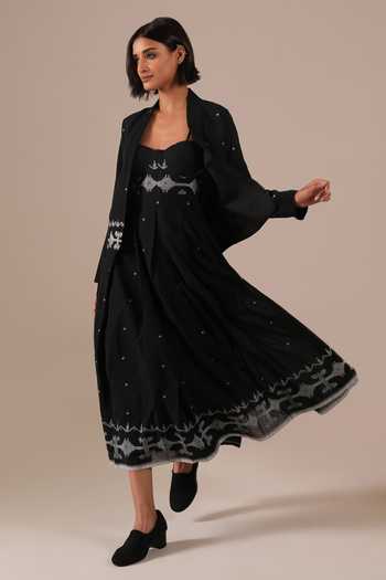 Shop_Indigo Dreams_Black Cotton Bandeau , Open Handwoven Jamdani Dress And Jacket Set 