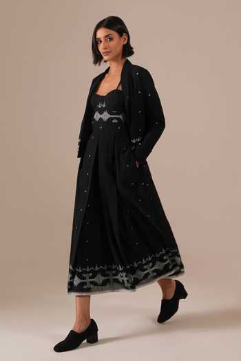 Indigo Dreams_Black Cotton Bandeau , Open Handwoven Jamdani Dress And Jacket Set _Online