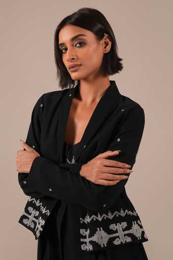 Buy_Indigo Dreams_Black Cotton Bandeau , Open Handwoven Jamdani Dress And Jacket Set _Online