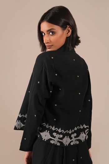 Shop_Indigo Dreams_Black Cotton Bandeau , Open Handwoven Jamdani Dress And Jacket Set _Online