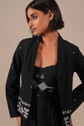Indigo Dreams_Black Cotton Bandeau , Open Handwoven Jamdani Dress And Jacket Set 