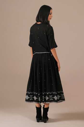 Shop_Indigo Dreams_Black Cotton Round Neck Handwoven Jamdani Top And Skirt Set _at_Aza_Fashions