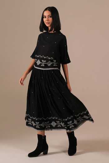 Shop_Indigo Dreams_Black Cotton Round Neck Handwoven Jamdani Top And Skirt Set _Online_at_Aza_Fashions