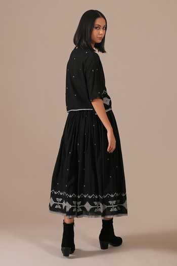Shop_Indigo Dreams_Black Cotton Round Neck Handwoven Jamdani Top And Skirt Set 