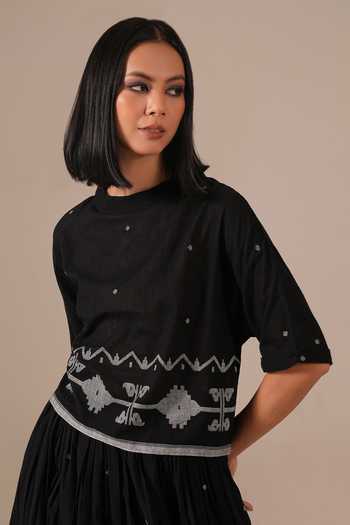 Buy_Indigo Dreams_Black Cotton Round Neck Handwoven Jamdani Top And Skirt Set _Online