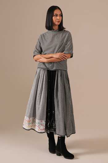 Shop_Indigo Dreams_Black Cotton High Neck Handwoven Jamdani Top And Skirt Set _Online_at_Aza_Fashions
