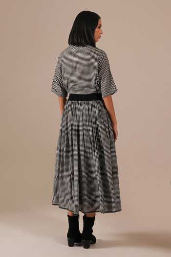 Shop_Indigo Dreams_Black Cotton High Neck Handwoven Jamdani Top And Skirt Set _at_Aza_Fashions
