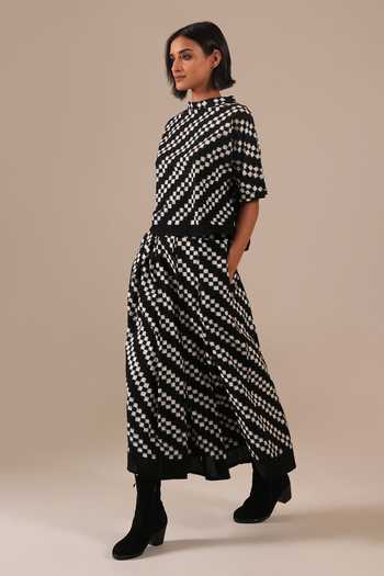 Indigo Dreams_Black Cotton High Neck Handwoven Ikat Top And Skirt Set _Online_at_Aza_Fashions