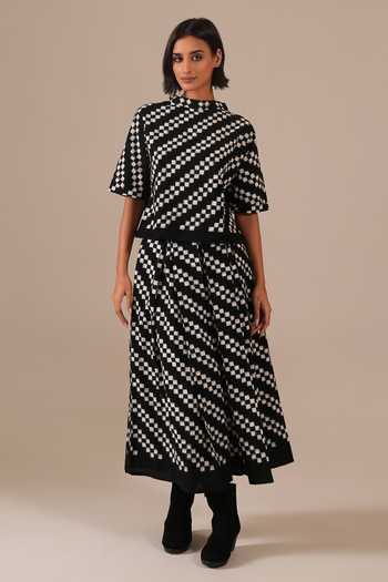 Buy_Indigo Dreams_Black Cotton High Neck Handwoven Ikat Top And Skirt Set _at_Aza_Fashions