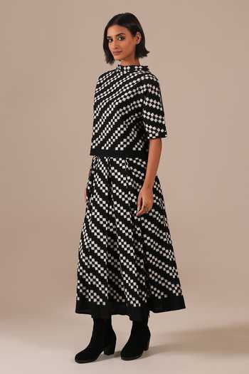 Buy_Indigo Dreams_Black Cotton High Neck Handwoven Ikat Top And Skirt Set _Online_at_Aza_Fashions