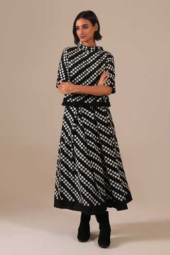 Shop_Indigo Dreams_Black Cotton High Neck Handwoven Ikat Top And Skirt Set _Online_at_Aza_Fashions
