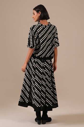 Shop_Indigo Dreams_Black Cotton High Neck Handwoven Ikat Top And Skirt Set _at_Aza_Fashions