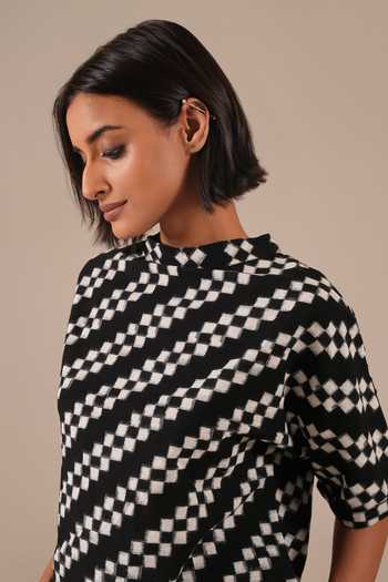 Shop_Indigo Dreams_Black Cotton High Neck Handwoven Ikat Top And Skirt Set 