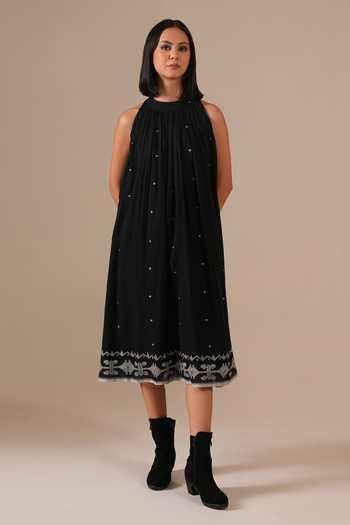 Indigo Dreams_Black Cotton Halter Neck Handwoven Ikat Dress _Online_at_Aza_Fashions