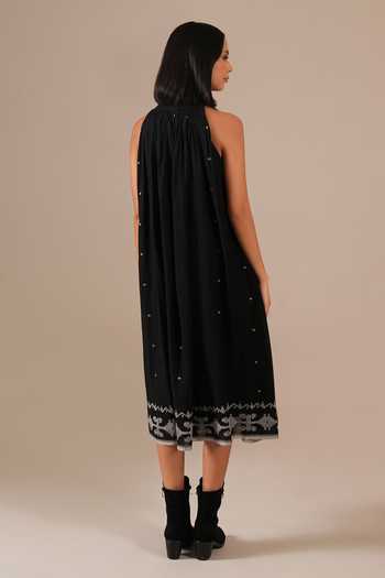Shop_Indigo Dreams_Black Cotton Halter Neck Handwoven Ikat Dress _at_Aza_Fashions