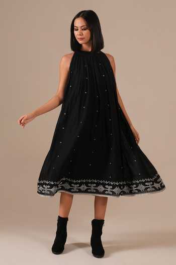 Buy_Indigo Dreams_Black Cotton Halter Neck Handwoven Ikat Dress _at_Aza_Fashions