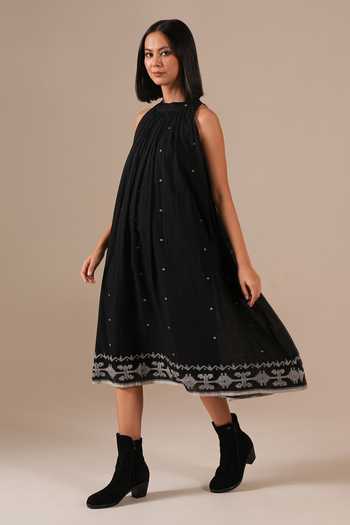 Buy_Indigo Dreams_Black Cotton Halter Neck Handwoven Ikat Dress _Online_at_Aza_Fashions