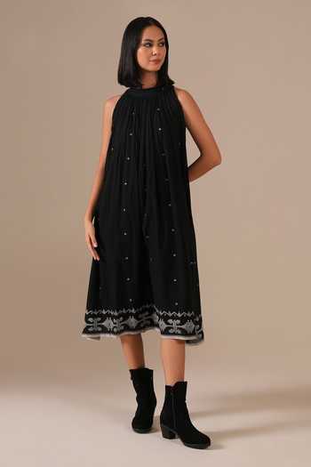 Shop_Indigo Dreams_Black Cotton Halter Neck Handwoven Ikat Dress _Online_at_Aza_Fashions