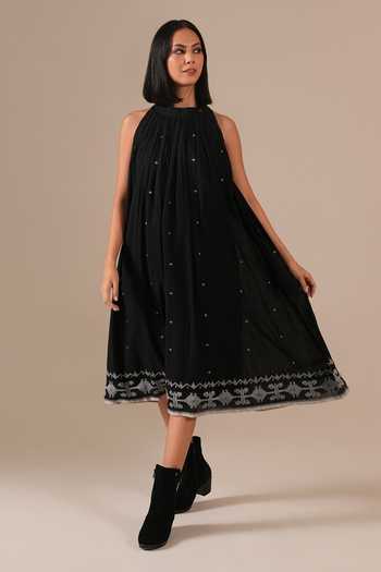 Indigo Dreams_Black Cotton Halter Neck Handwoven Ikat Dress _at_Aza_Fashions