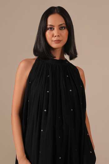 Buy_Indigo Dreams_Black Cotton Halter Neck Handwoven Ikat Dress 