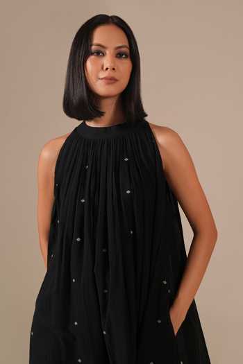 Shop_Indigo Dreams_Black Cotton Halter Neck Handwoven Ikat Dress 