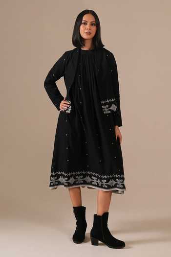 Buy_Indigo Dreams_Black Cotton Halter Neck Handwoven Jamdani Dress With Jacket _at_Aza_Fashions