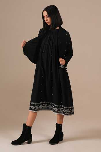 Indigo Dreams_Black Cotton Halter Neck Handwoven Jamdani Dress With Jacket _Online_at_Aza_Fashions