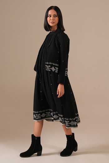 Buy_Indigo Dreams_Black Cotton Halter Neck Handwoven Jamdani Dress With Jacket _Online_at_Aza_Fashions