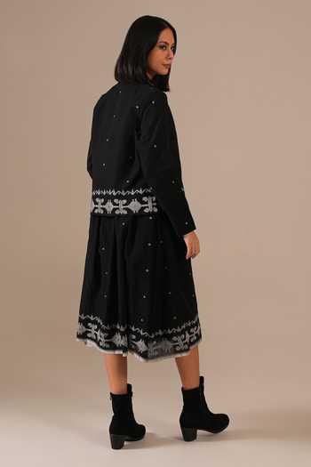 Shop_Indigo Dreams_Black Cotton Halter Neck Handwoven Jamdani Dress With Jacket _at_Aza_Fashions