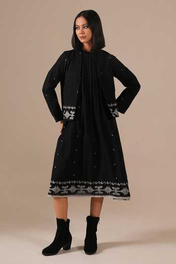 Shop_Indigo Dreams_Black Cotton Halter Neck Handwoven Jamdani Dress With Jacket _Online_at_Aza_Fashions