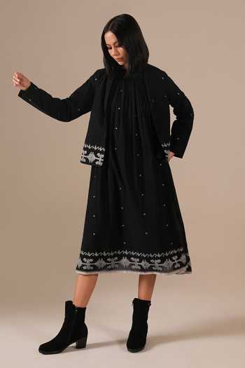 Indigo Dreams_Black Cotton Halter Neck Handwoven Jamdani Dress With Jacket _at_Aza_Fashions