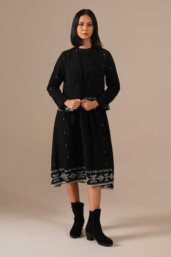 Buy_Indigo Dreams_Black Cotton Halter Neck Handwoven Jamdani Dress With Jacket 
