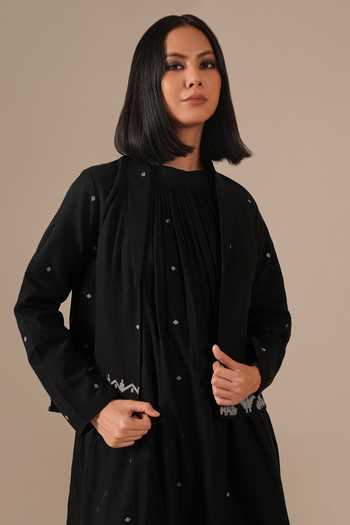 Shop_Indigo Dreams_Black Cotton Halter Neck Handwoven Jamdani Dress With Jacket 