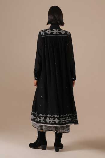 Shop_Indigo Dreams_Black Cotton Embroidery Mandarin Collar, Square Neck Handwoven Jamdani Dress Set _at_Aza_Fashions