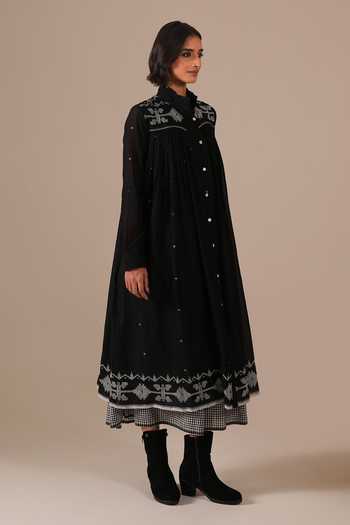 Indigo Dreams_Black Cotton Embroidery Mandarin Collar, Square Neck Handwoven Jamdani Dress Set _Online_at_Aza_Fashions