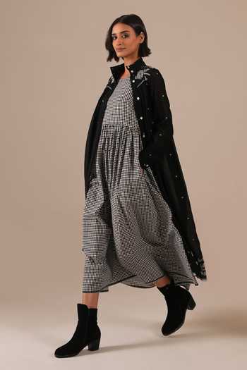 Indigo Dreams_Black Cotton Embroidery Mandarin Collar, Square Neck Handwoven Jamdani Dress Set _at_Aza_Fashions