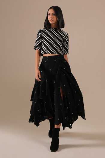Indigo Dreams_Black Cotton Mandarin Collar Handwoven Jamdani Top And Skirt Set _Online_at_Aza_Fashions