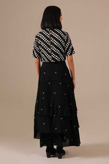 Shop_Indigo Dreams_Black Cotton Mandarin Collar Handwoven Jamdani Top And Skirt Set _at_Aza_Fashions