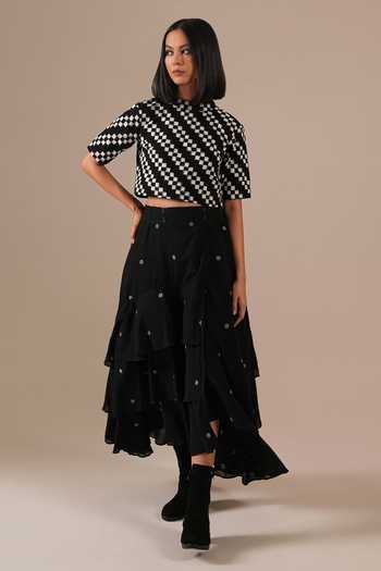 Buy_Indigo Dreams_Black Cotton Mandarin Collar Handwoven Jamdani Top And Skirt Set _Online_at_Aza_Fashions