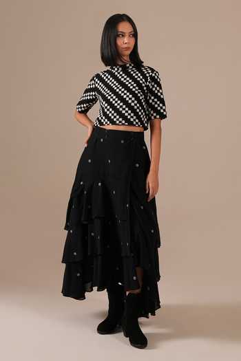 Shop_Indigo Dreams_Black Cotton Mandarin Collar Handwoven Jamdani Top And Skirt Set _Online_at_Aza_Fashions