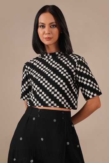 Indigo Dreams_Black Cotton Mandarin Collar Handwoven Jamdani Top And Skirt Set _at_Aza_Fashions