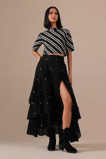 Buy_Indigo Dreams_Black Cotton Mandarin Collar Handwoven Jamdani Top And Skirt Set _at_Aza_Fashions