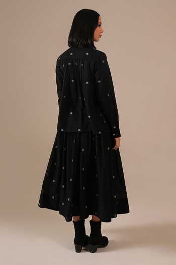 Shop_Indigo Dreams_Black Cotton Mandarin Collar Handwoven Jamdani Top With Skirt _at_Aza_Fashions