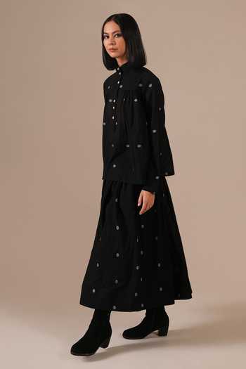 Buy_Indigo Dreams_Black Cotton Mandarin Collar Handwoven Jamdani Top With Skirt _Online_at_Aza_Fashions
