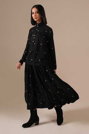 Buy_Indigo Dreams_Black Cotton Mandarin Collar Handwoven Jamdani Top With Skirt 