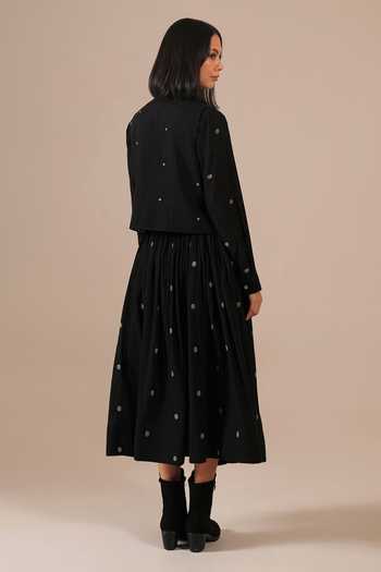 Shop_Indigo Dreams_Black Cotton Mandarin Collar Handwoven Jamdani Waistcoat And Skirt Set _at_Aza_Fashions