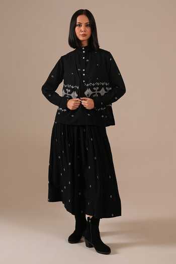 Shop_Indigo Dreams_Black Cotton Mandarin Collar Handwoven Jamdani Waistcoat And Skirt Set _Online_at_Aza_Fashions