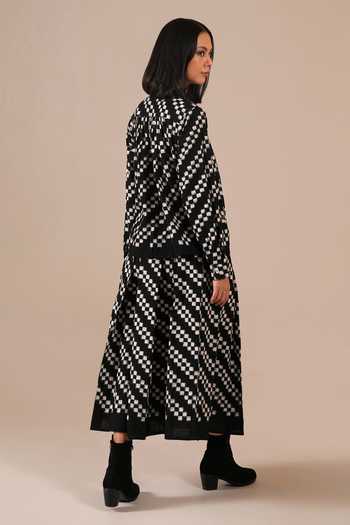 Shop_Indigo Dreams_Black Cotton High Neck Handwoven Ikat Top With Skirt _at_Aza_Fashions