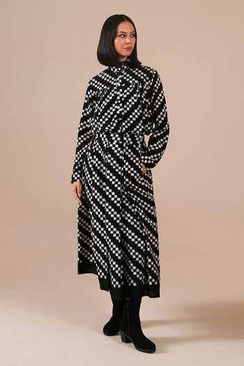 Indigo Dreams_Black Cotton High Neck Handwoven Ikat Top With Skirt _Online_at_Aza_Fashions