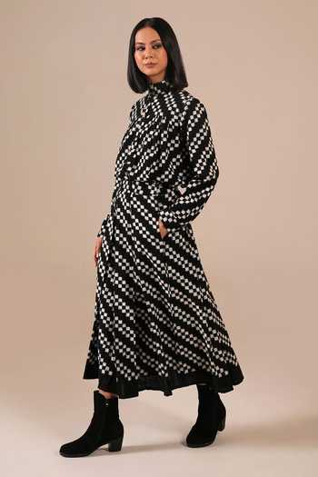 Buy_Indigo Dreams_Black Cotton High Neck Handwoven Ikat Top With Skirt _Online_at_Aza_Fashions